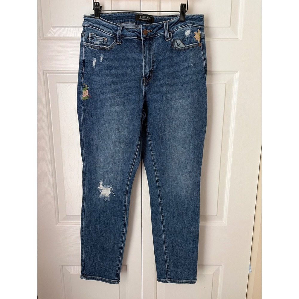 Judy Blue Boyfriend Jeans Women 11/30 Floral Embroidered High Rise Boho Festival